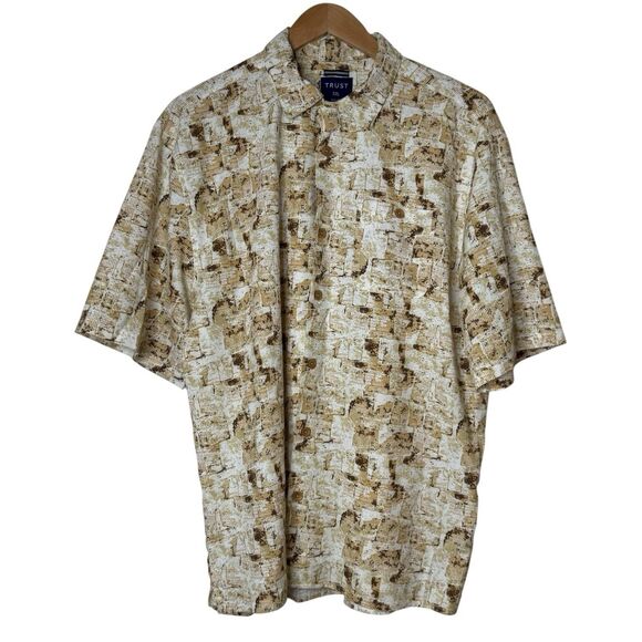 TRUST Mens Size XXL Linen Rayon Button Up Shirt Short Sleeve Tan Beige Brown - Picture 2 of 10